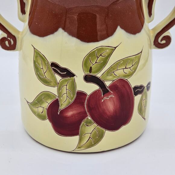 Rustic Apple Design Stoneware Crock - Vintage Ceramic Utensil Jar with Handles - Picture 3 of 10